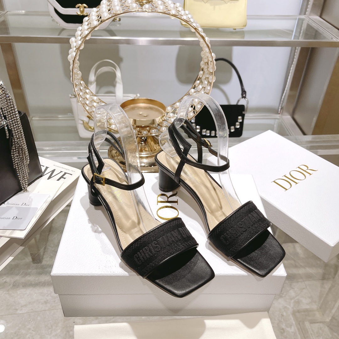 [TOP] Christian Dior Square Toe Chunky Heel(3.5cm/7.5cm) Sandals with Three-dimensional Logo Embroidery - 10 Color