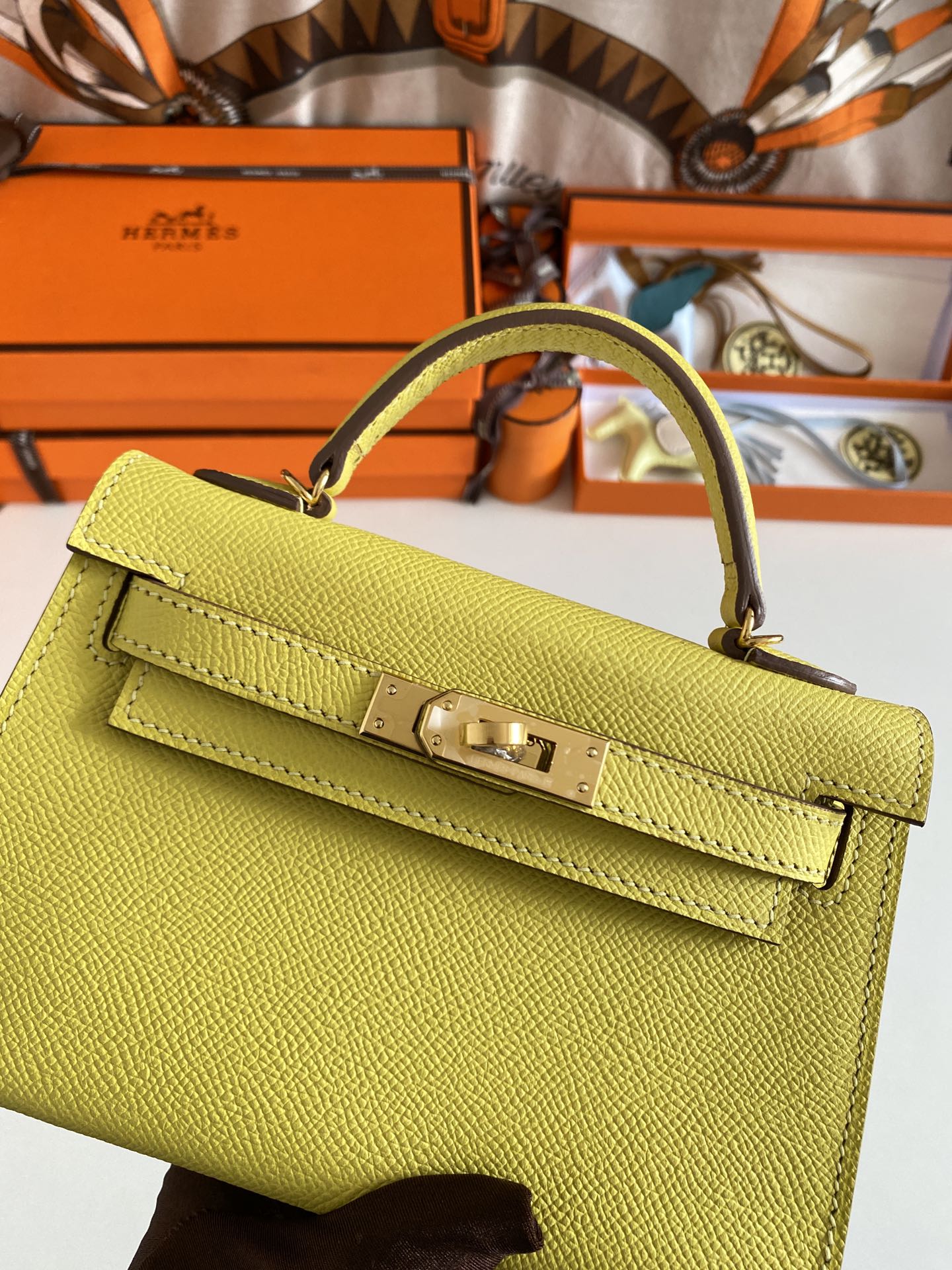 [TOP] HERMES Mini Kelly II Epsom Leather 19cm - Lime & GHW/SHW