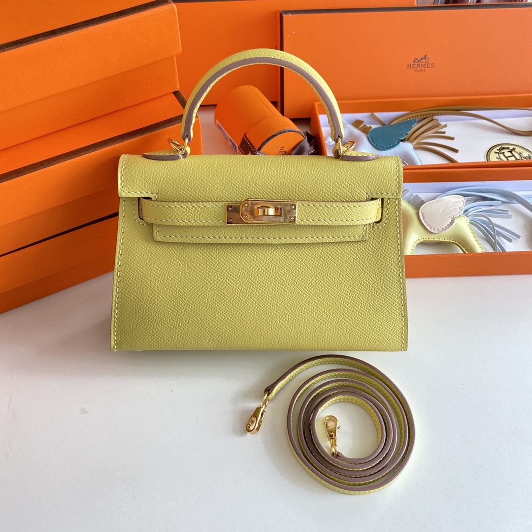 [TOP] HERMES Mini Kelly II Epsom Leather 19cm -  Jaune Poussin & GHW/SHW