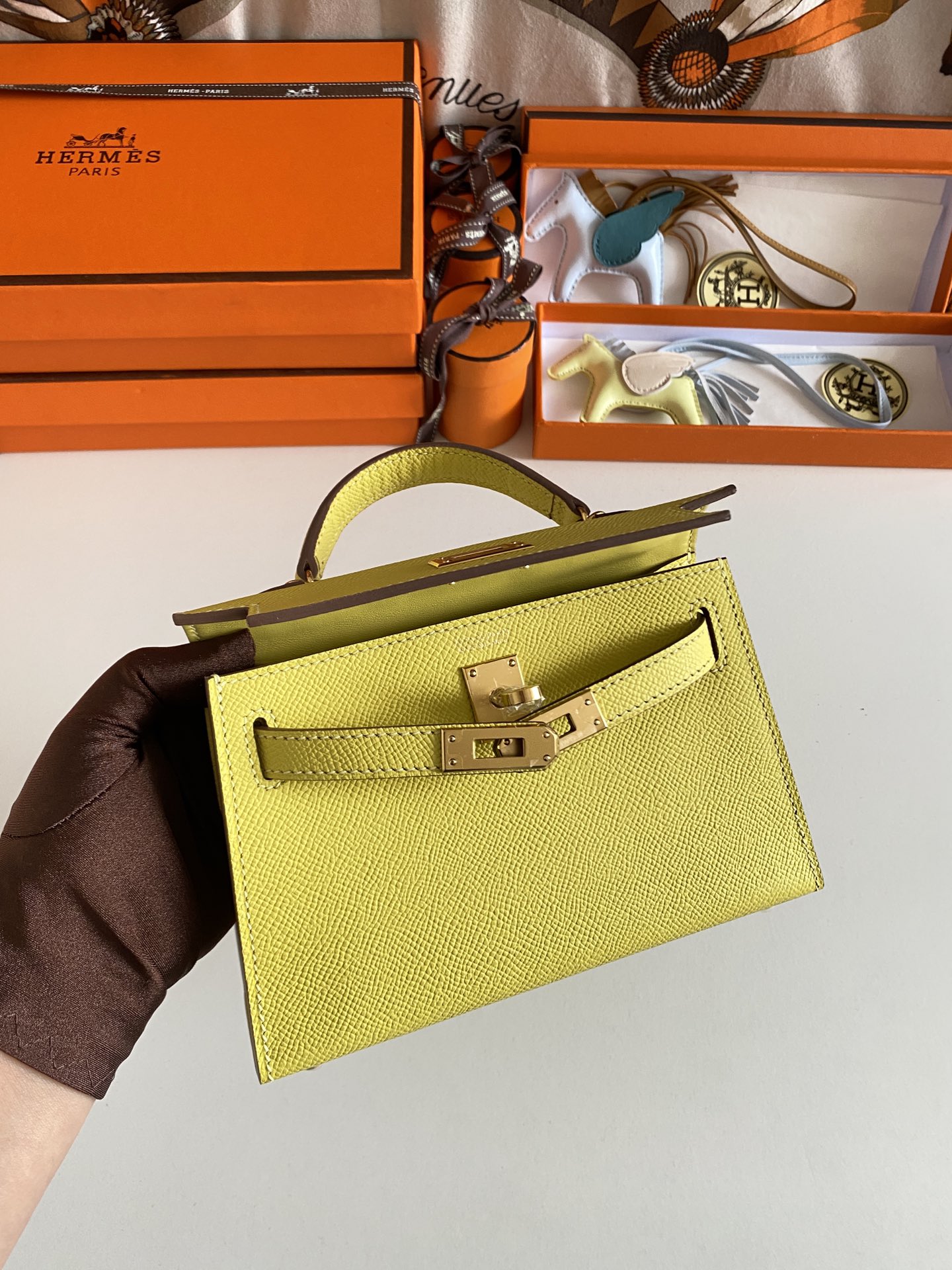 [TOP] HERMES Mini Kelly II Epsom Leather 19cm - Lime & GHW/SHW
