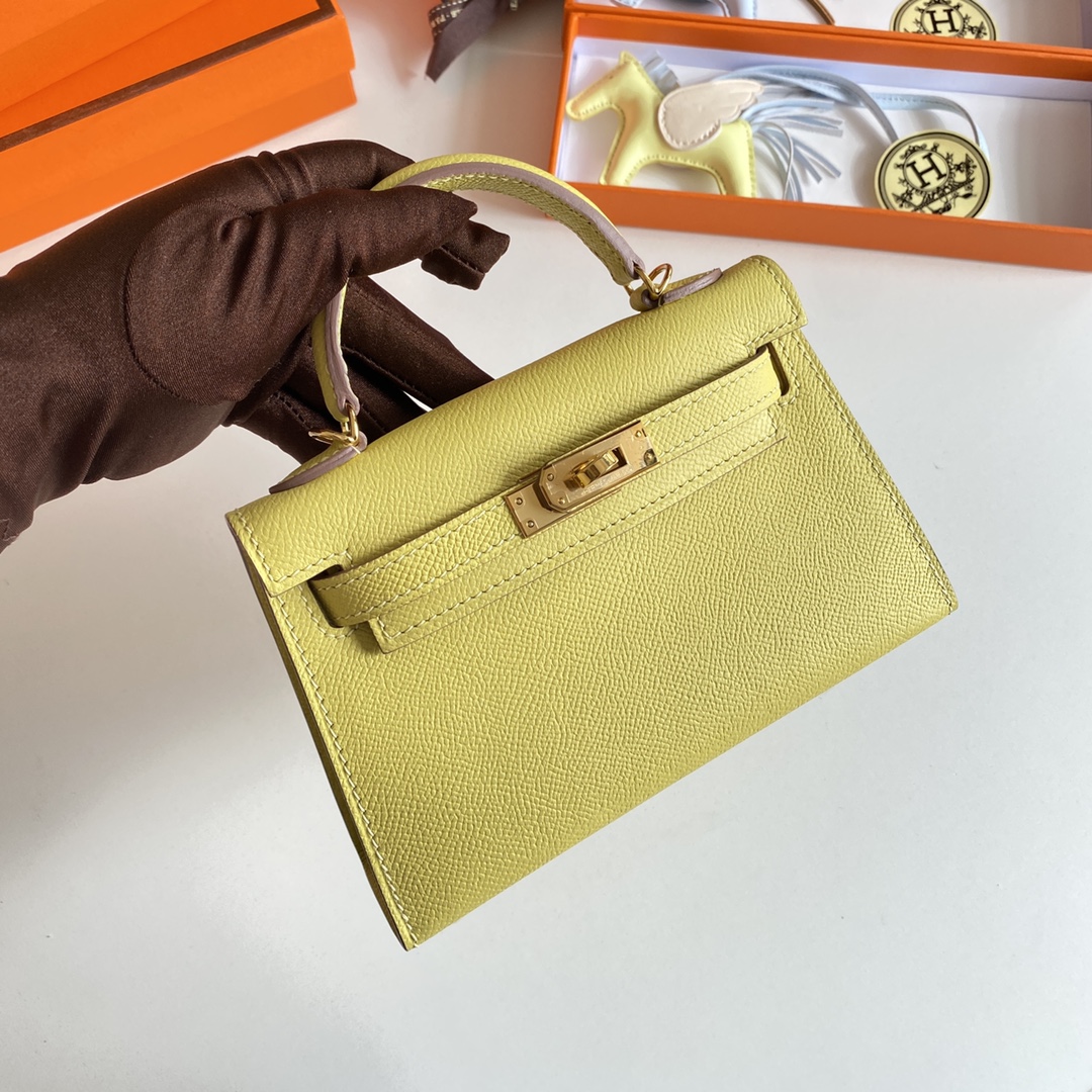 [TOP] HERMES Mini Kelly II Epsom Leather 19cm -  Jaune Poussin & GHW/SHW