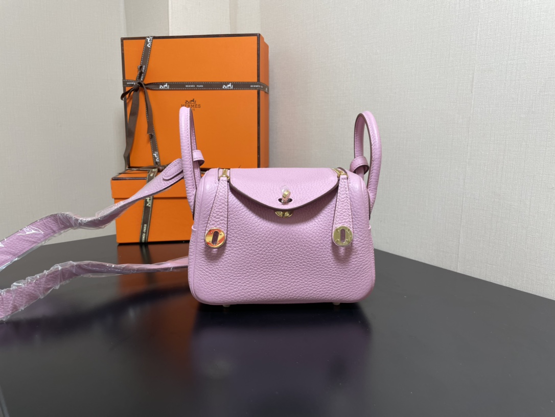 [TOP] HERMES Mini Lindy Taurillon Clemence Leather 19 CM - Mauve Sylvestre Pink & GHW/SHW