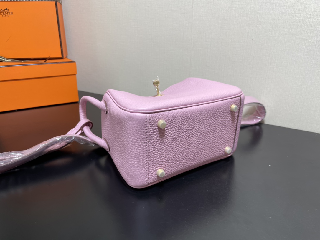 [TOP] HERMES Mini Lindy Taurillon Clemence Leather 19 CM - Mauve Sylvestre Pink & GHW/SHW
