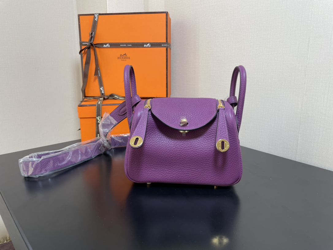 [TOP] HERMES Mini Lindy Taurillon Clemence Leather 19 CM - Anemone & GHW/SHW