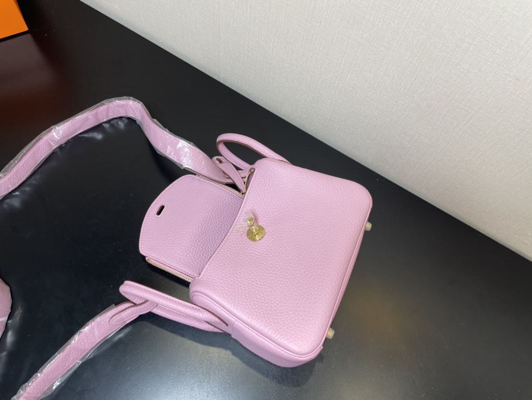 [TOP] HERMES Mini Lindy Taurillon Clemence Leather 19 CM - Mauve Sylvestre Pink & GHW/SHW