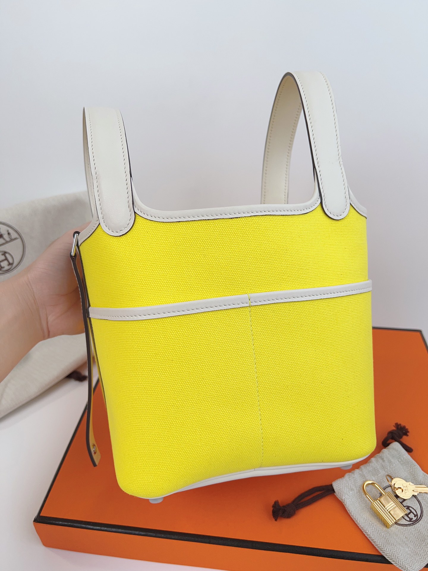 [TOP] HERMES Picotin Cargo Bag Canvas Patchwork With Swift Leather - 18CM - Lime & SHW