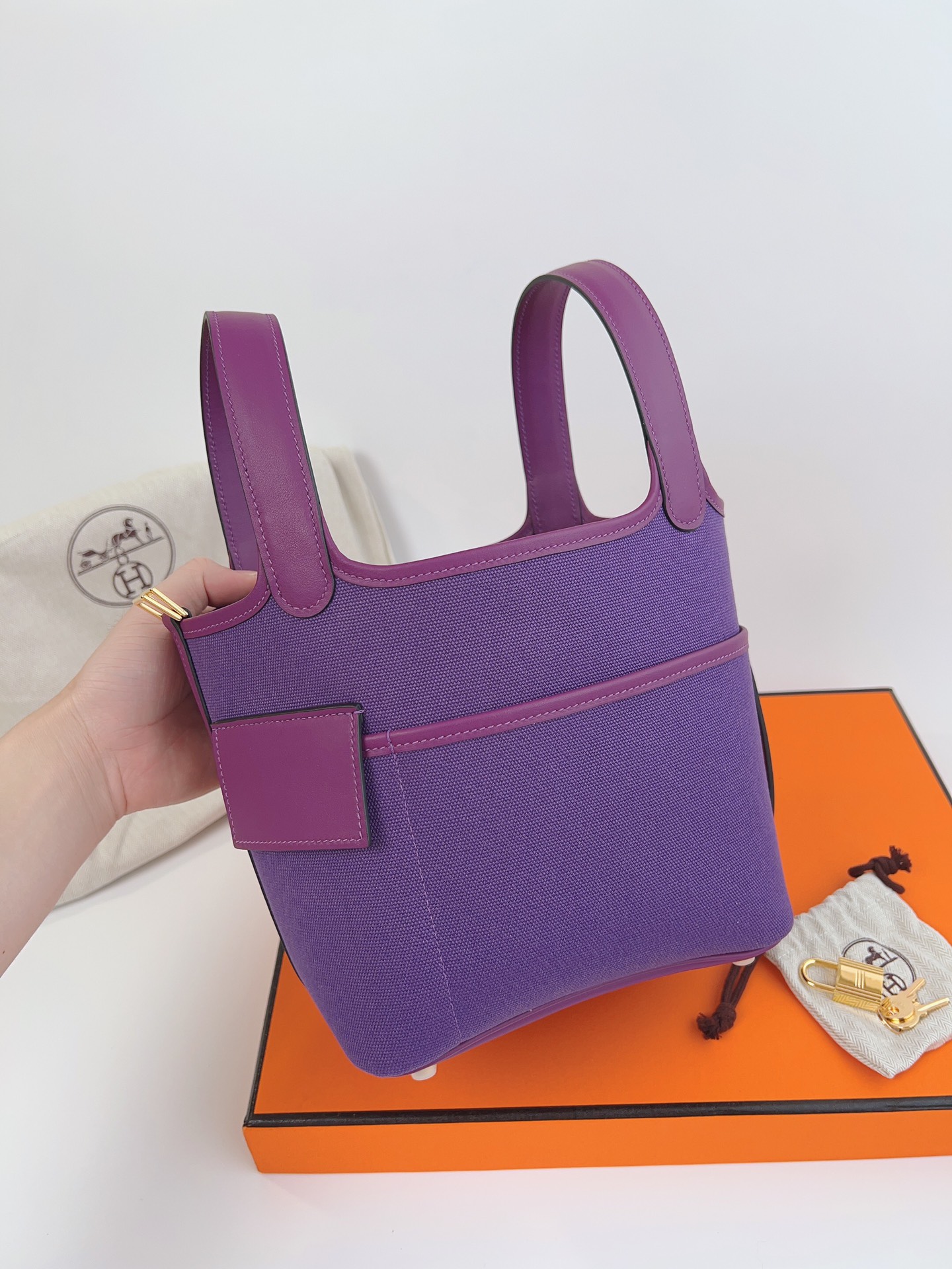 [TOP] HERMES Picotin Cargo Bag Canvas Patchwork With Swift Leather - 18CM - Purple & GHW