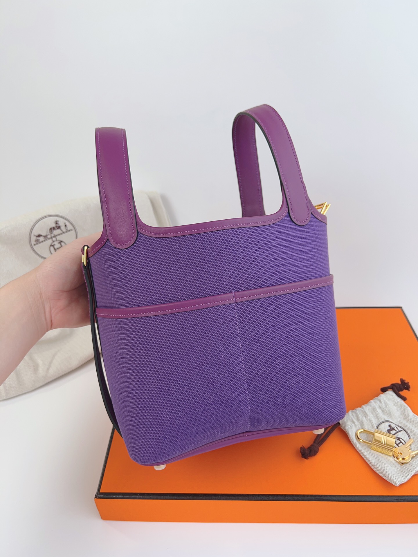 [TOP] HERMES Picotin Cargo Bag Canvas Patchwork With Swift Leather - 18CM - Purple & GHW