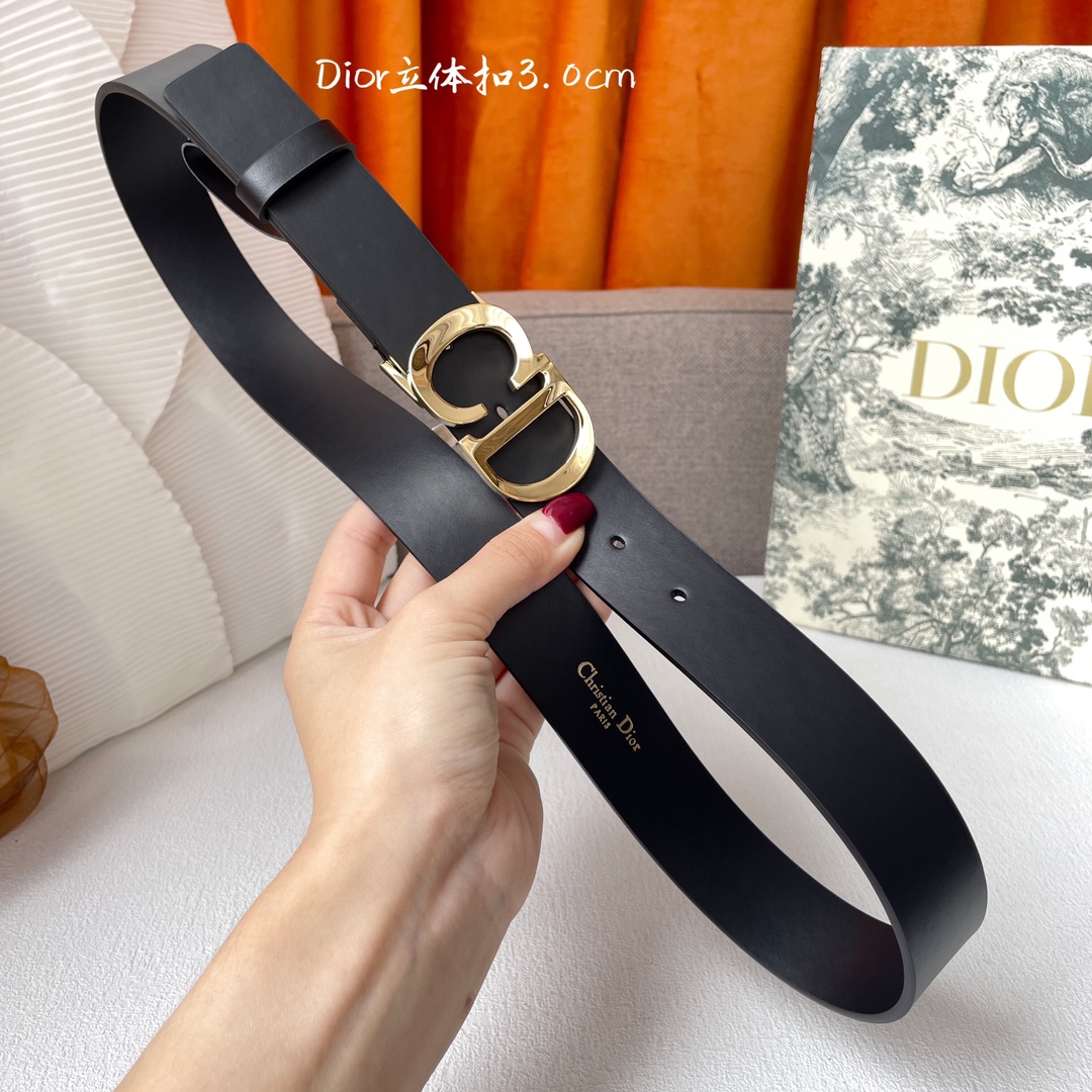 [TOP] Christian Dior Calfskin Belts 3CM - Black - GHW/SHW