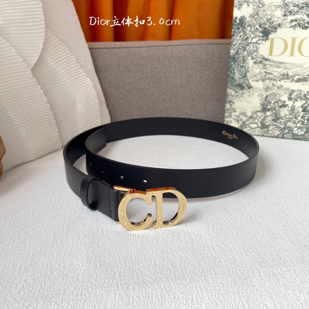 [TOP] Christian Dior Calfskin Belts 3CM - Black - GHW/SHW