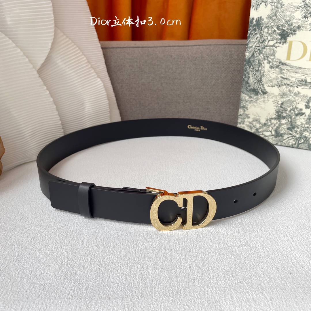 [TOP] Christian Dior Calfskin Belts 3CM - Black - GHW/SHW
