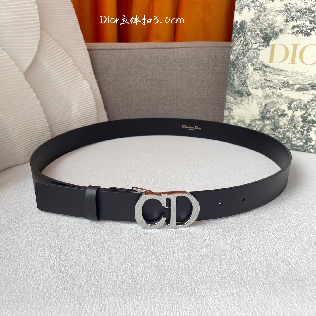 [TOP] Christian Dior Calfskin Belts 3CM - Black - GHW/SHW