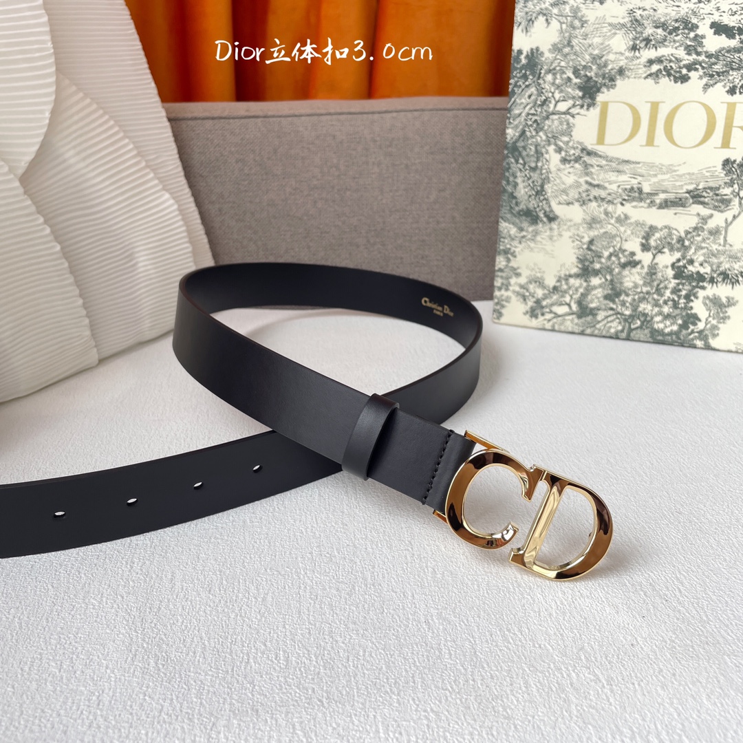 [TOP] Christian Dior Calfskin Belts 3CM - Black - GHW/SHW