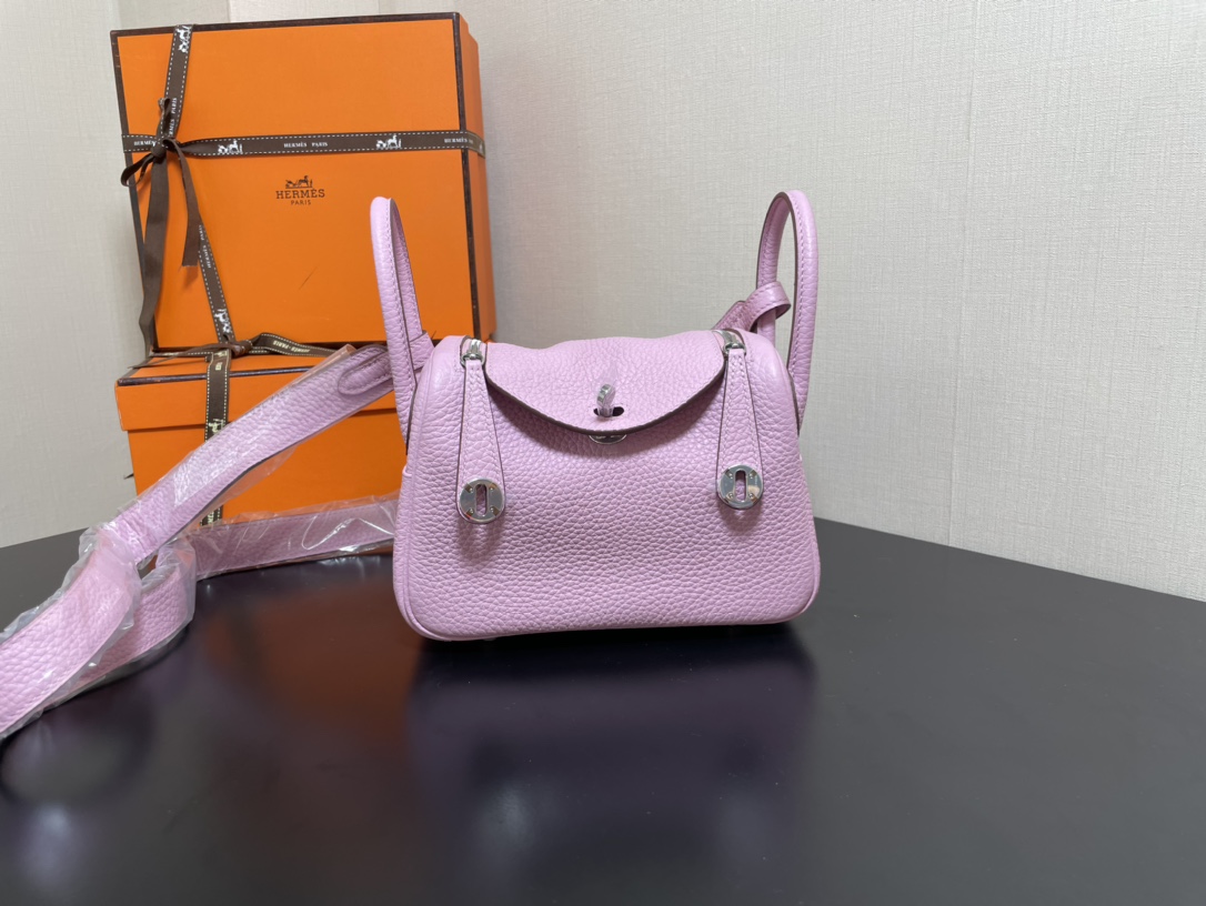 [TOP] HERMES Mini Lindy Taurillon Clemence Leather 19 CM - Mauve Sylvestre Pink & GHW/SHW