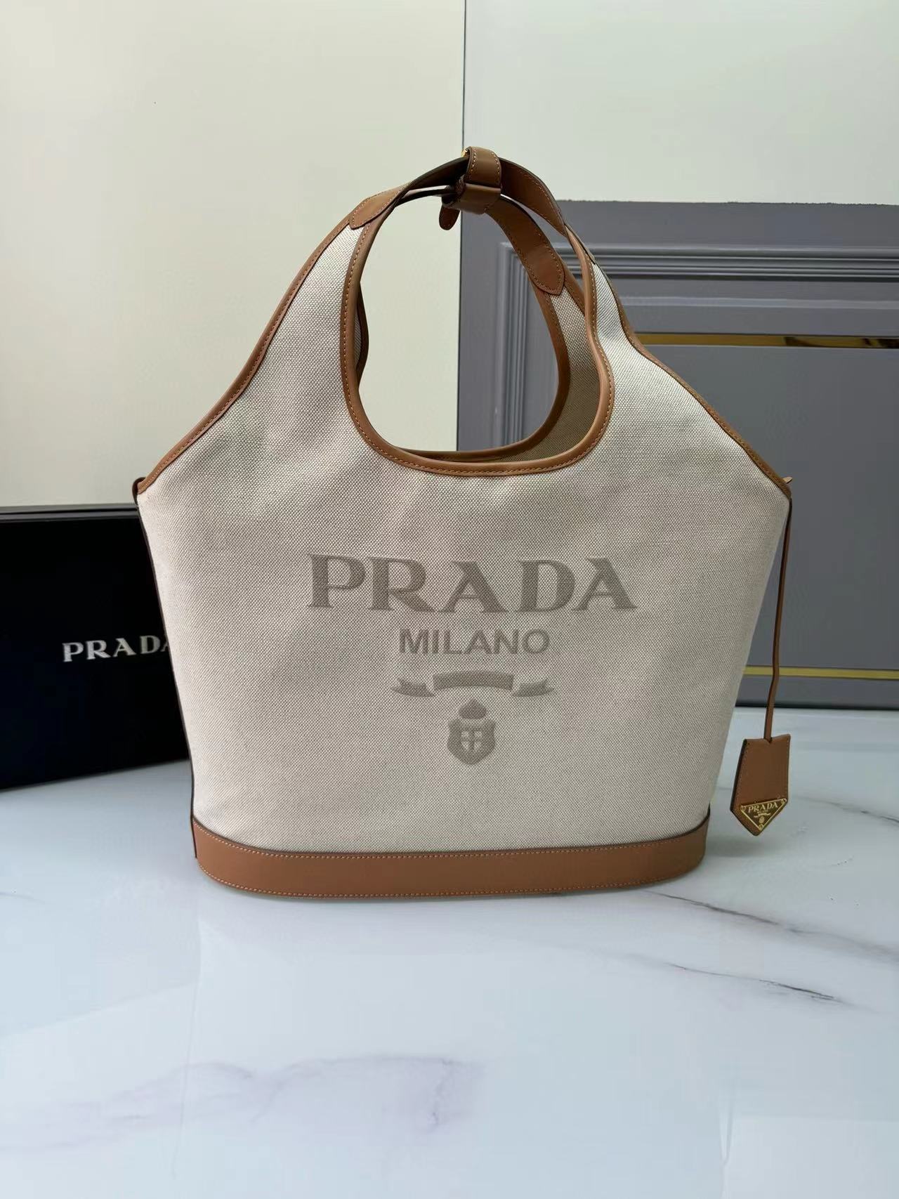 [TOP] PRADA Large Linen Blend And Leather Tote Bag 37×30×13cm - Beige