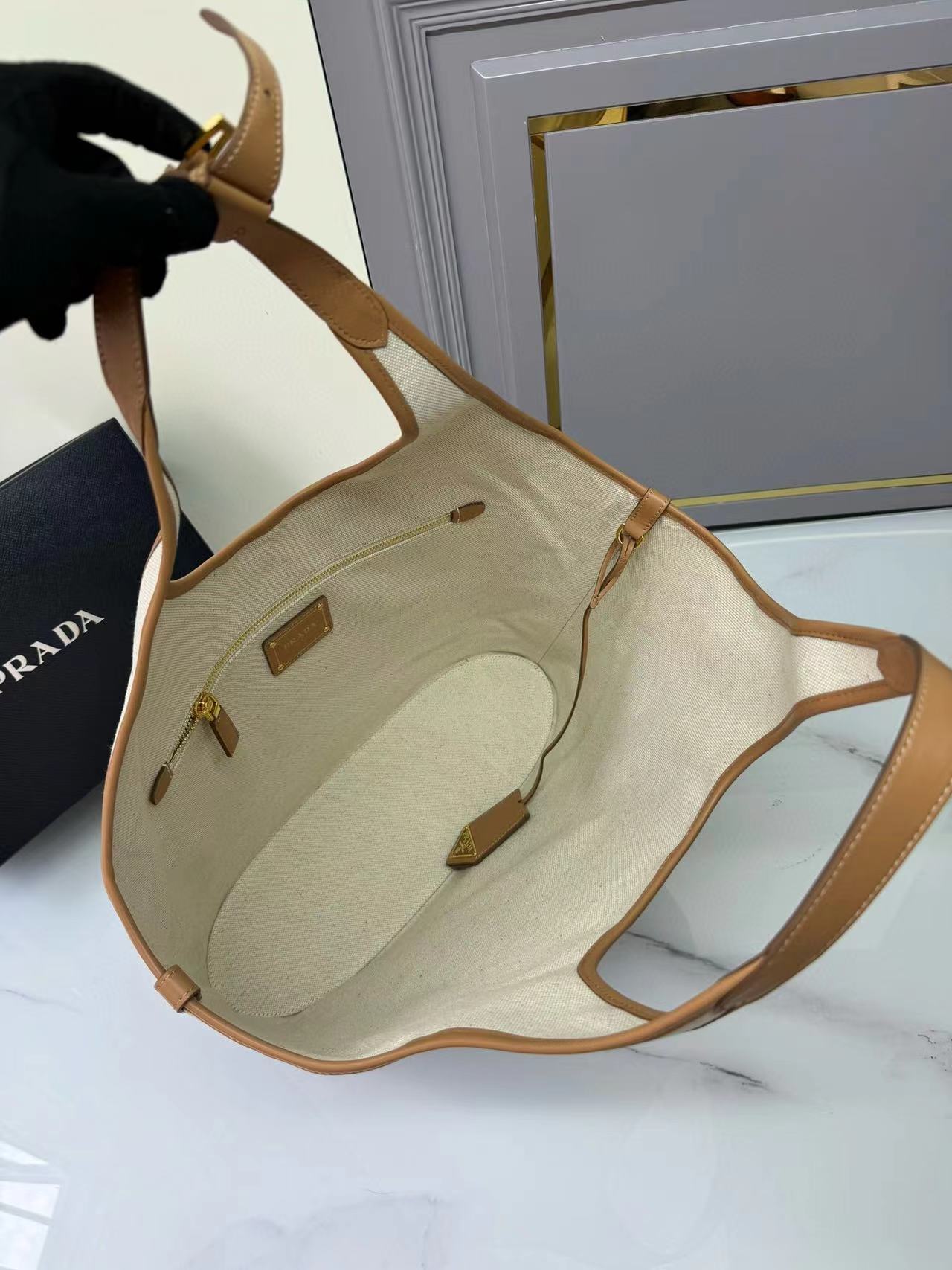 [TOP] PRADA Large Linen Blend And Leather Tote Bag 37×30×13cm - Beige