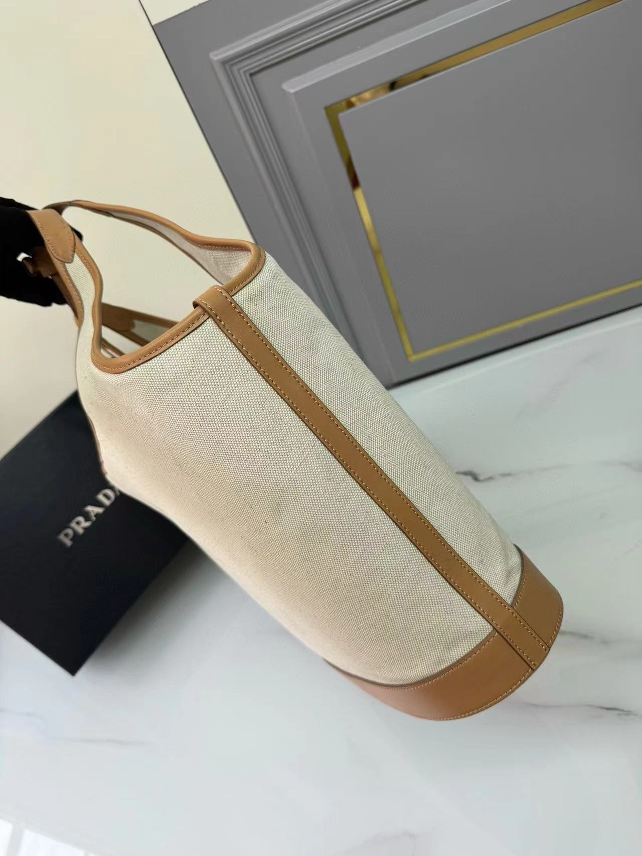 [TOP] PRADA Large Linen Blend And Leather Tote Bag 37×30×13cm - Beige