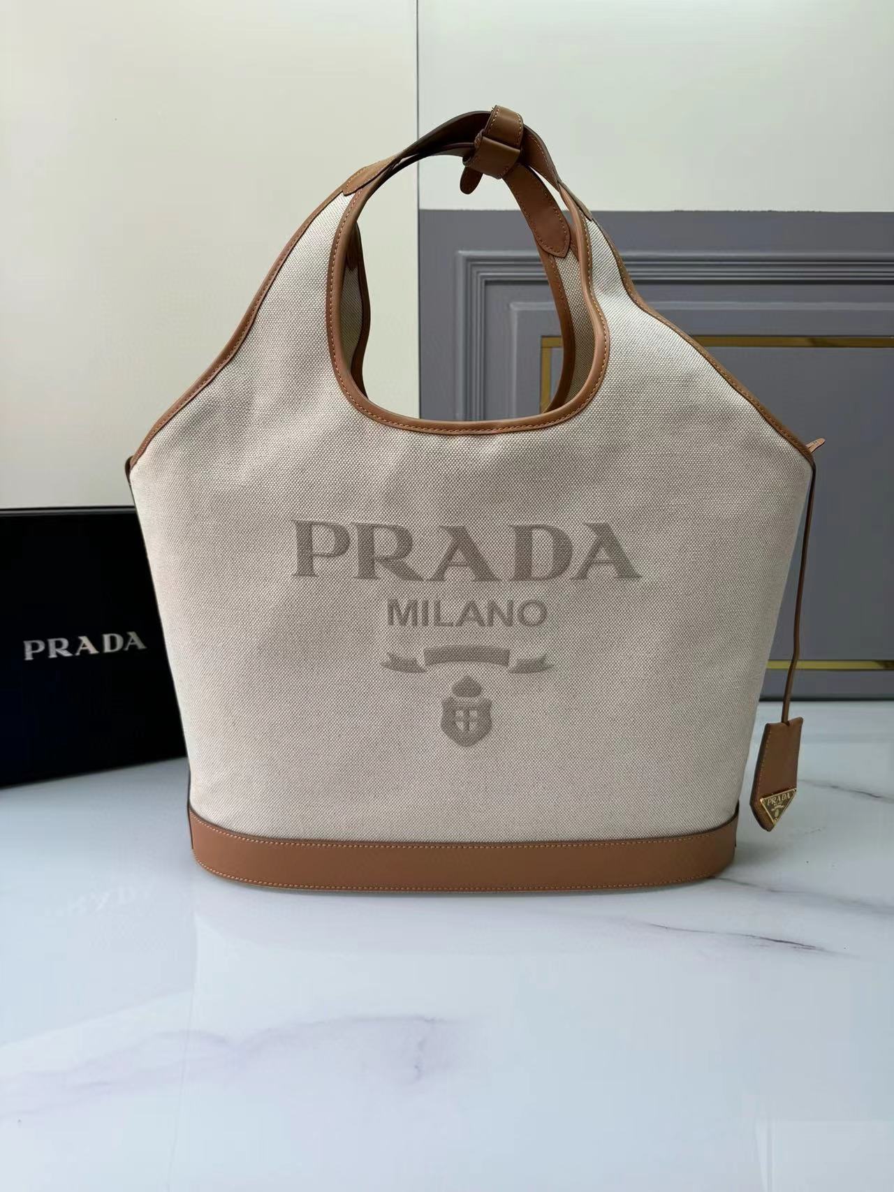 [TOP] PRADA Large Linen Blend And Leather Tote Bag 37×30×13cm - Beige