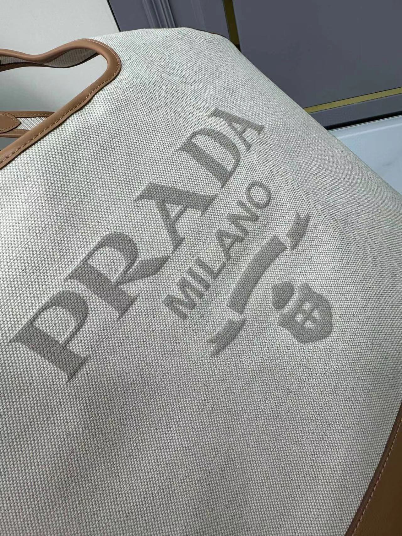 [TOP] PRADA Large Linen Blend And Leather Tote Bag 37×30×13cm - Beige