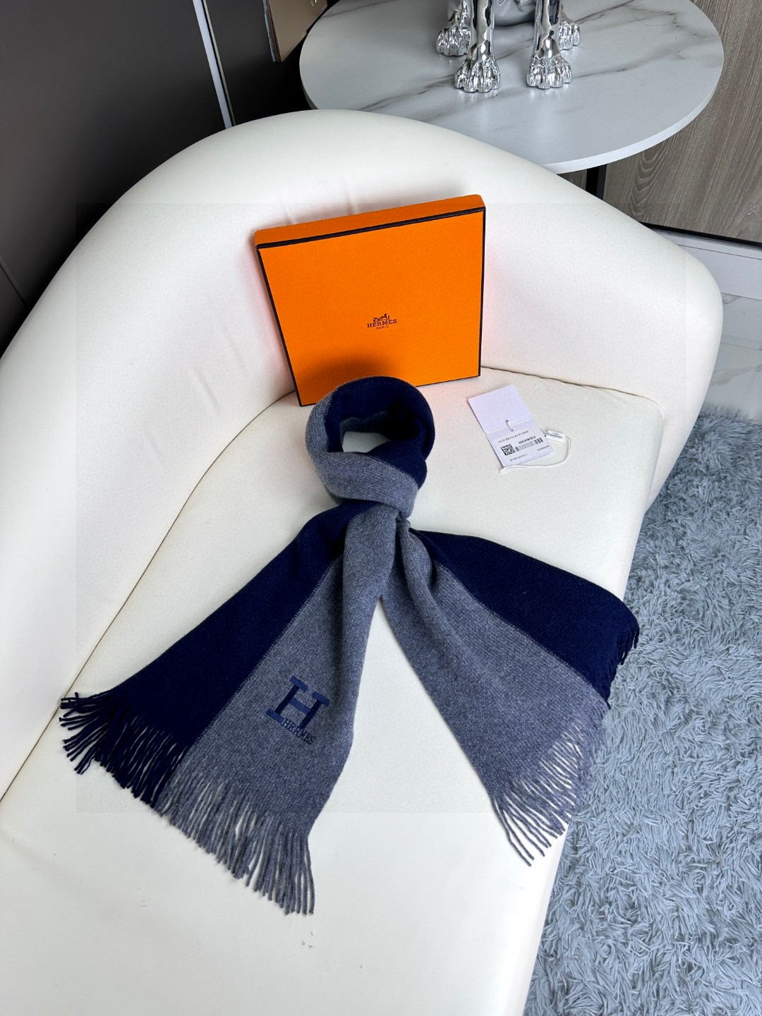 [TOP] HERMES Cashmere Scarf 30 x 180 cm - Blue