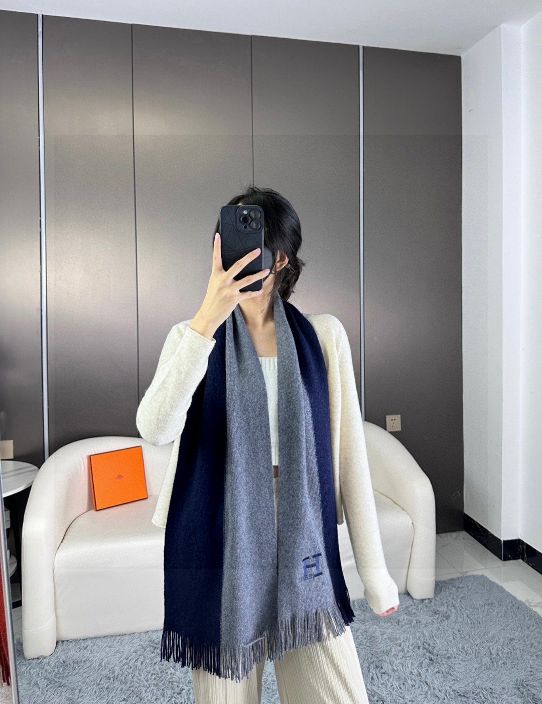 [TOP] HERMES Cashmere Scarf 30 x 180 cm - Blue