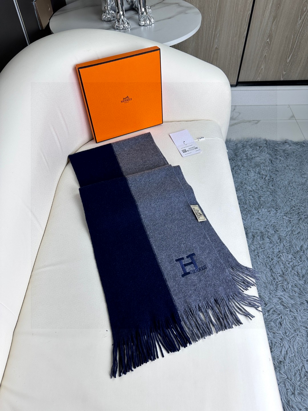 [TOP] HERMES Cashmere Scarf 30 x 180 cm - Blue