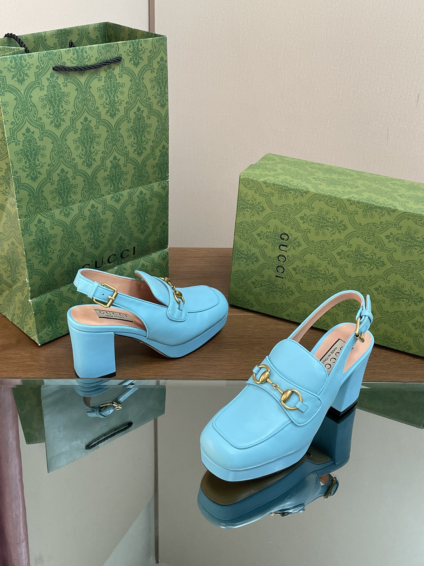 [TOP] GUCCI Platform Horsebit Mule Sandals - Blue