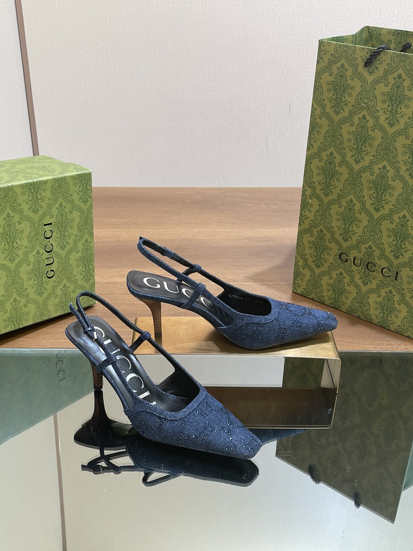 [TOP] GUCCI GG Rhinestones Flat/Mid Heel/High Heel Mules - Denim