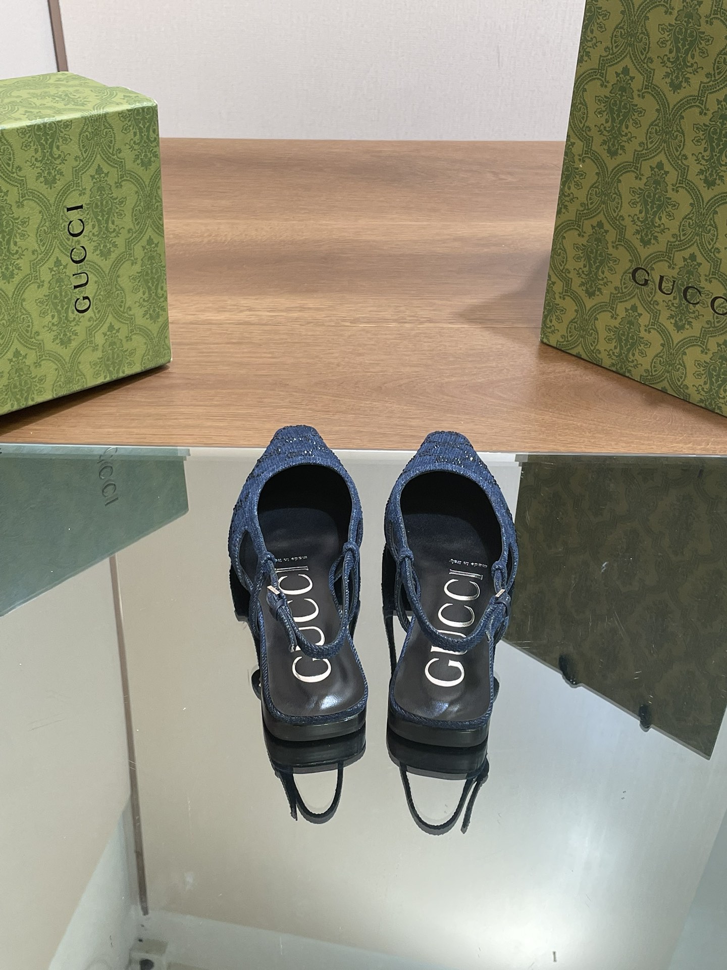 [TOP] GUCCI GG Rhinestones Flat/Mid Heel/High Heel Mules - Denim