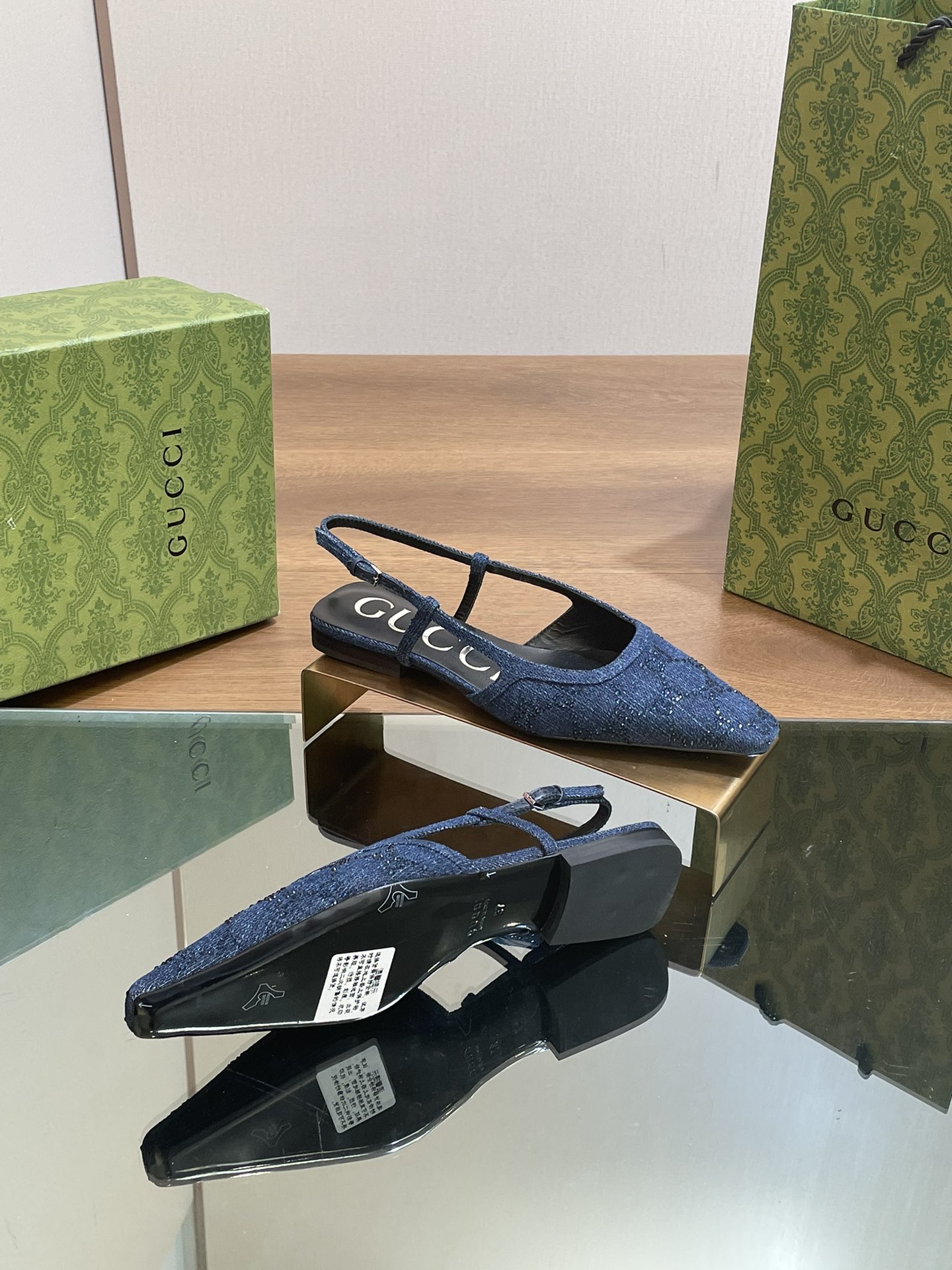 [TOP] GUCCI GG Rhinestones Flat/Mid Heel/High Heel Mules - Denim