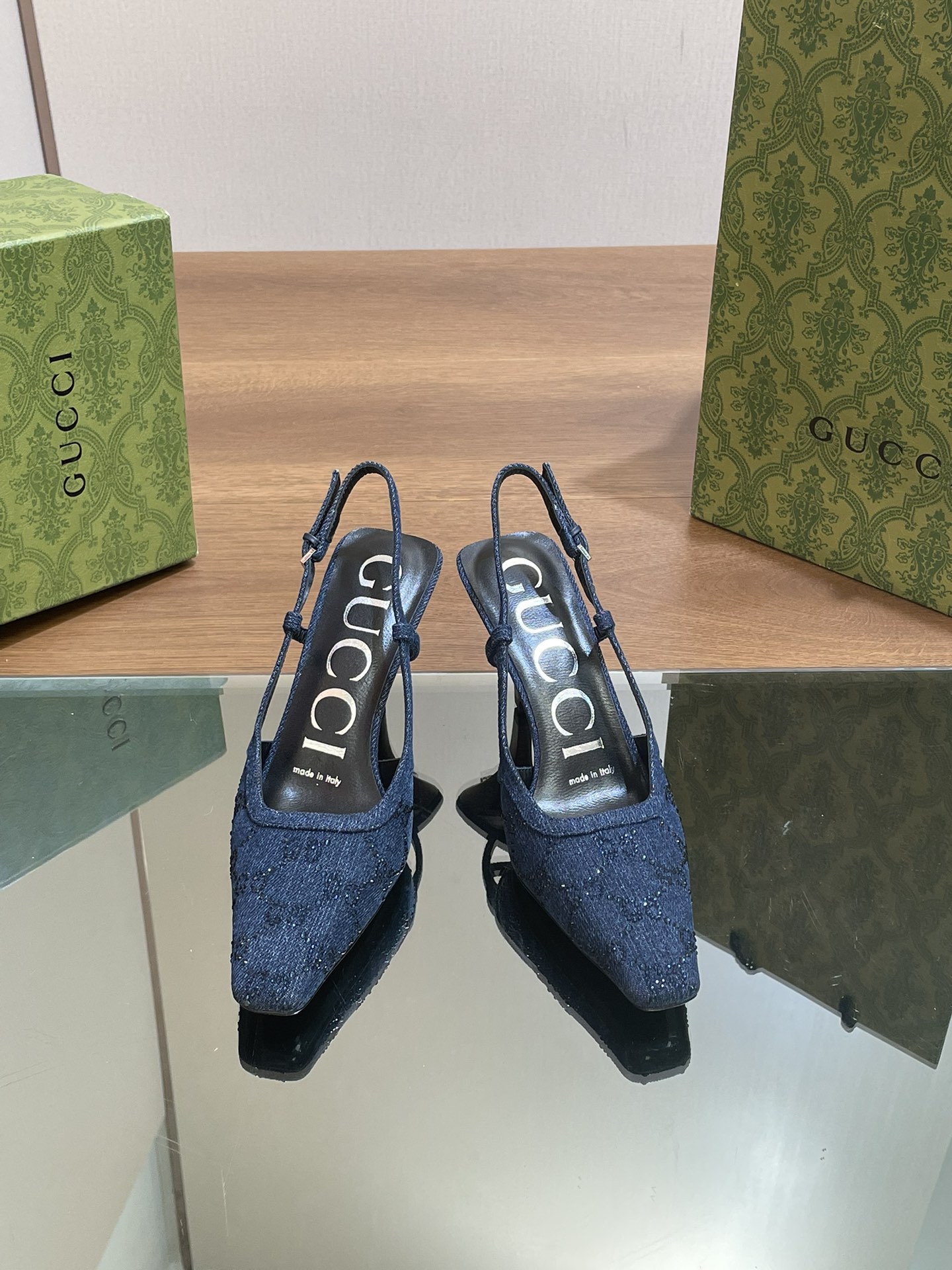 [TOP] GUCCI GG Rhinestones Flat/Mid Heel/High Heel Mules - Denim