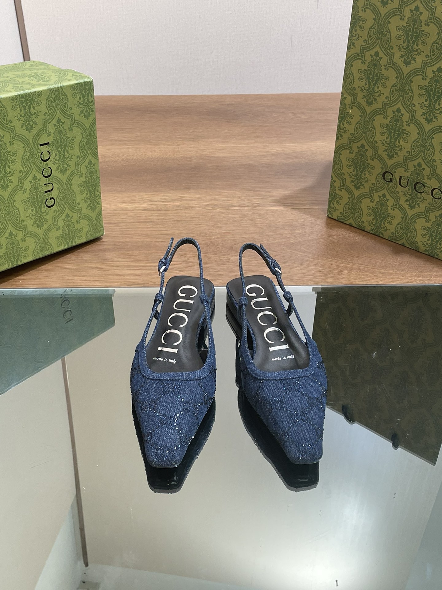 [TOP] GUCCI GG Rhinestones Flat/Mid Heel/High Heel Mules - Denim