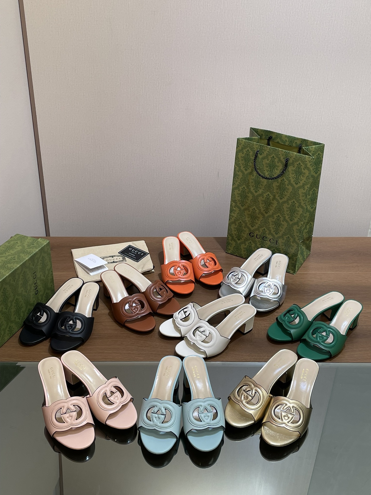 [TOP] GUCCI GG Hollow Mid Heel Slippers - 9 Color