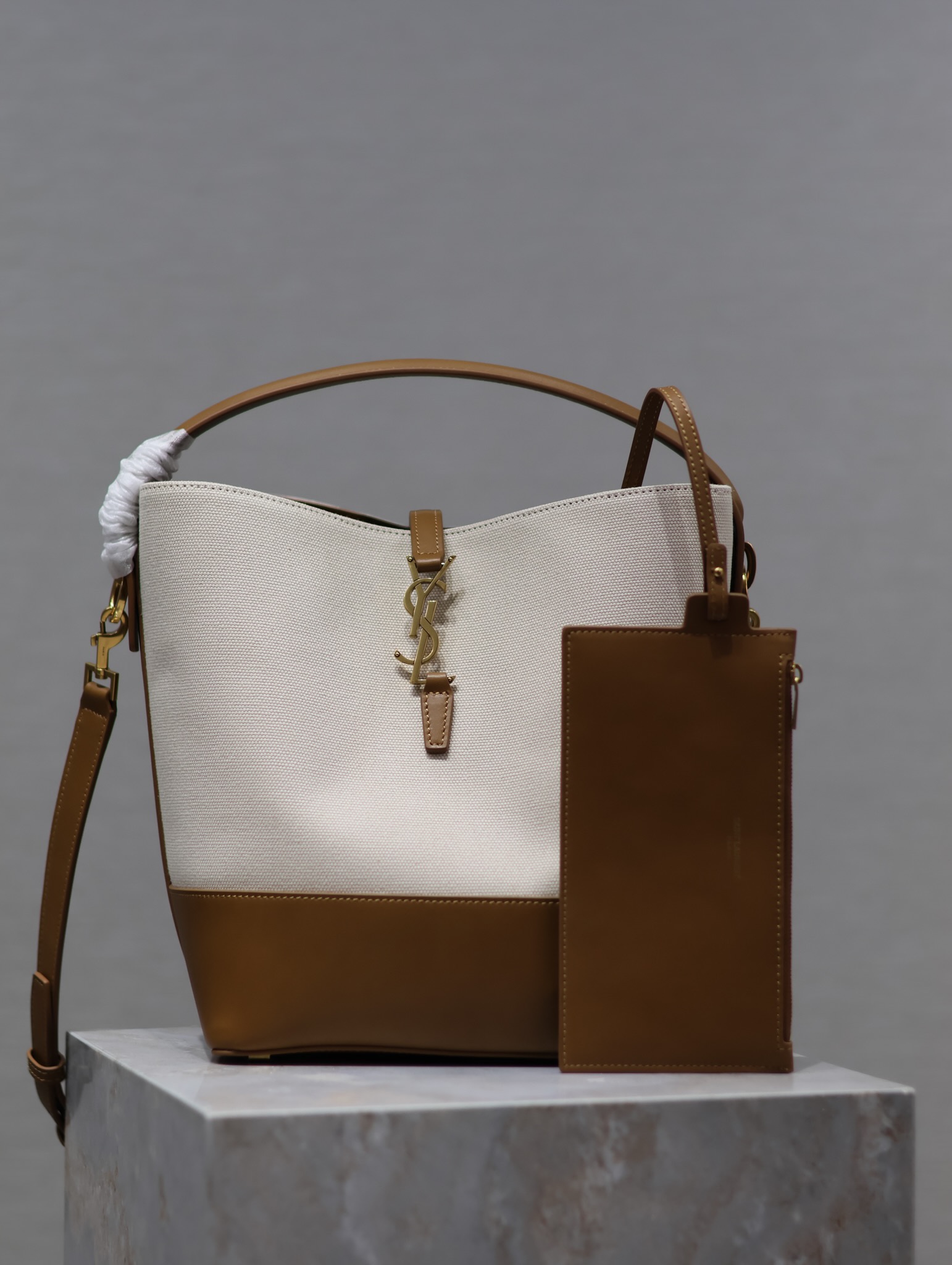 [TOP] Yves Saint Laurent YSL Le 5A7 Shoulder Bag Cowhide with Cotton and Linen 26x20x12cm - Khaki&Beige