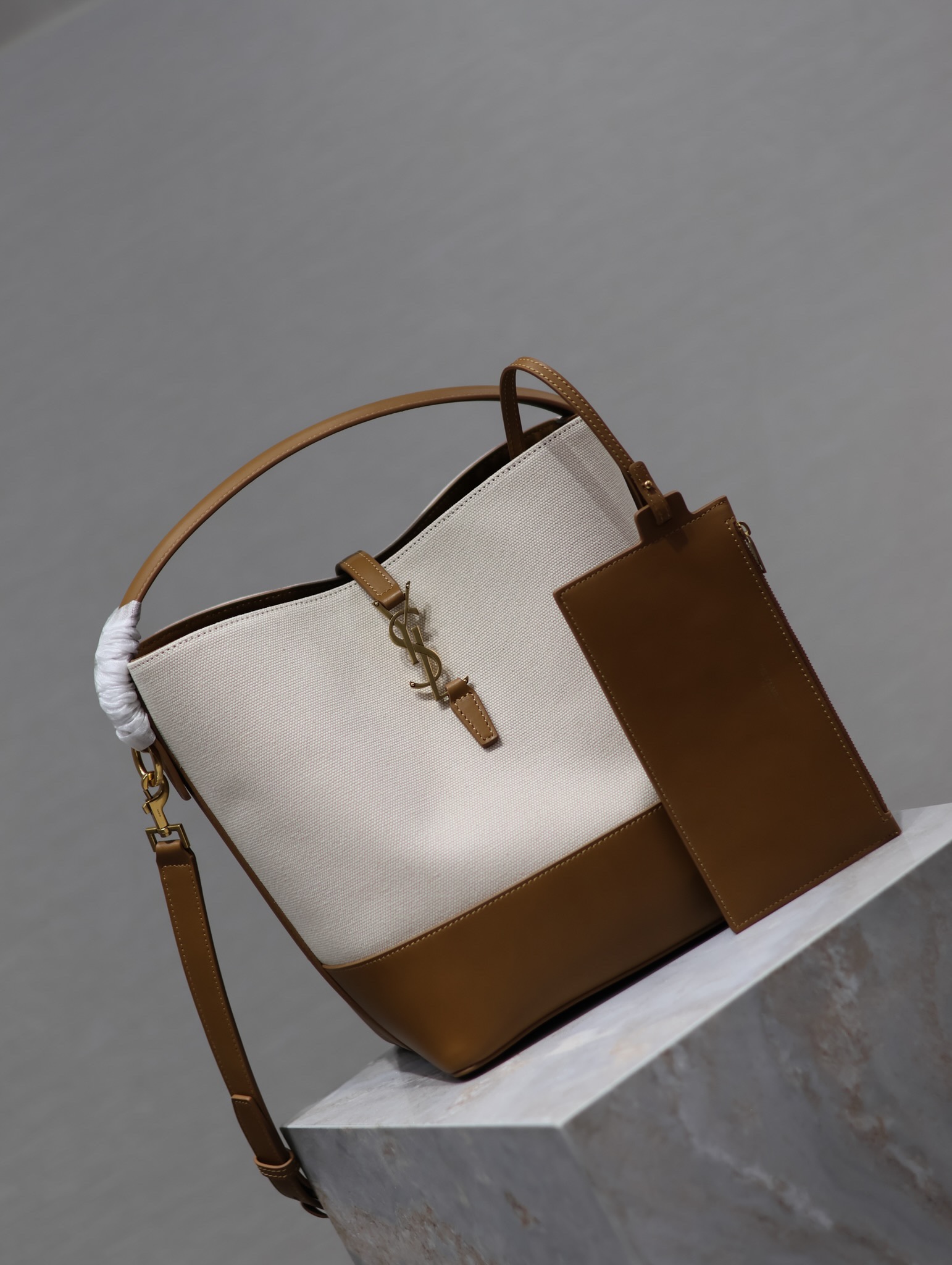 [TOP] Yves Saint Laurent YSL Le 5A7 Shoulder Bag Cowhide with Cotton and Linen 26x20x12cm - Khaki&Beige