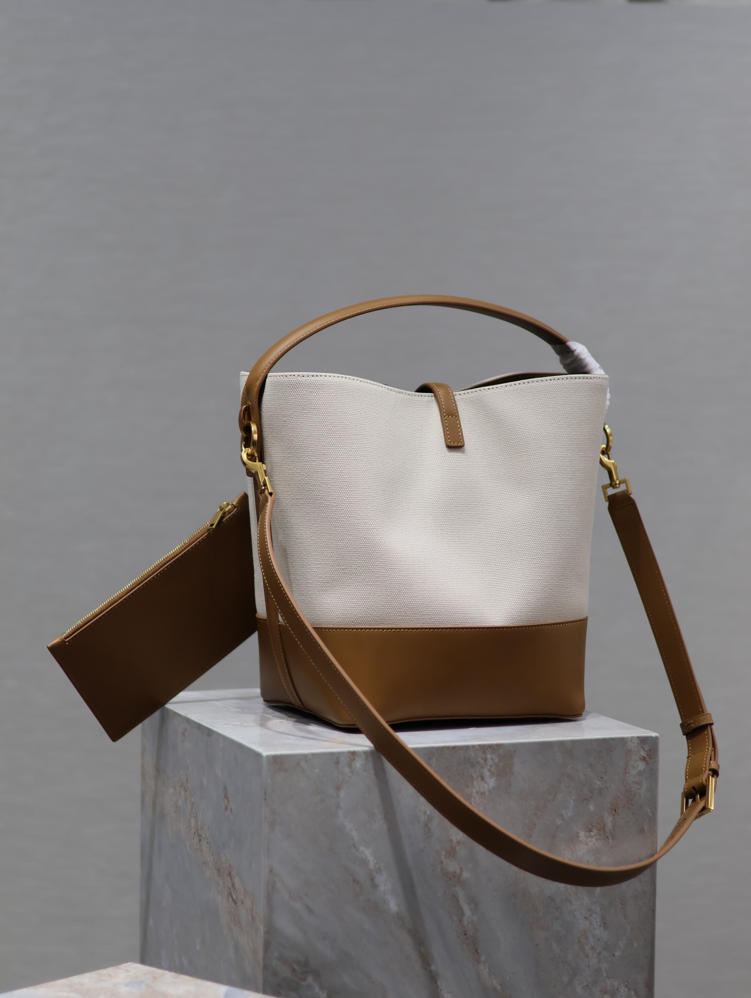 [TOP] Yves Saint Laurent YSL Le 5A7 Shoulder Bag Cowhide with Cotton and Linen 26x20x12cm - Khaki&Beige