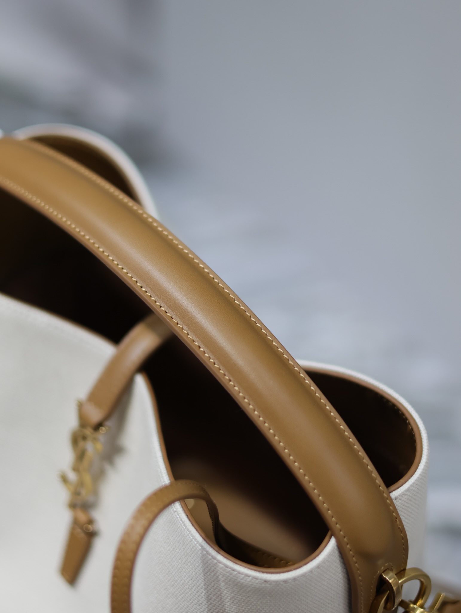 [TOP] Yves Saint Laurent YSL Le 5A7 Shoulder Bag Cowhide with Cotton and Linen 26x20x12cm - Khaki&Beige