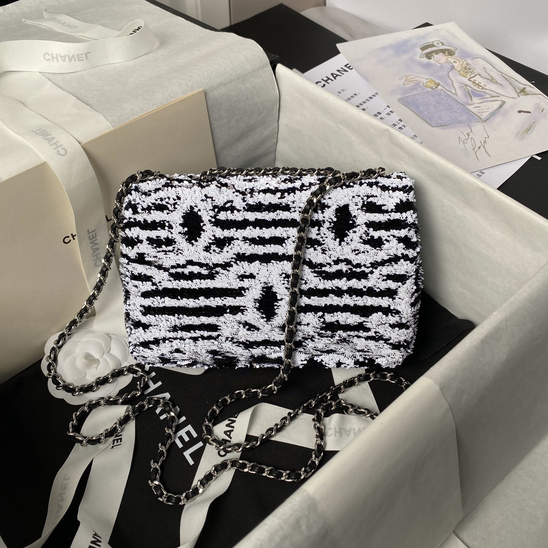 [TOP] CHANEL Black and White Striped Sequins Bag 20cm - Black and White