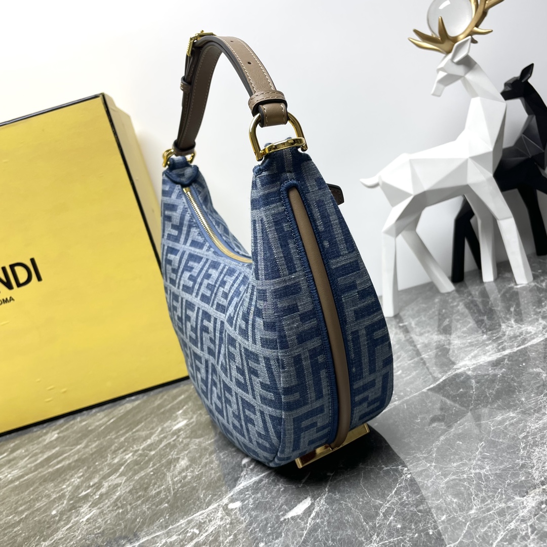 [TOP] FENDI Classic Metal Logo Fendigraphy Bag - 29x24.5x10cm - Denim Blue&GHW