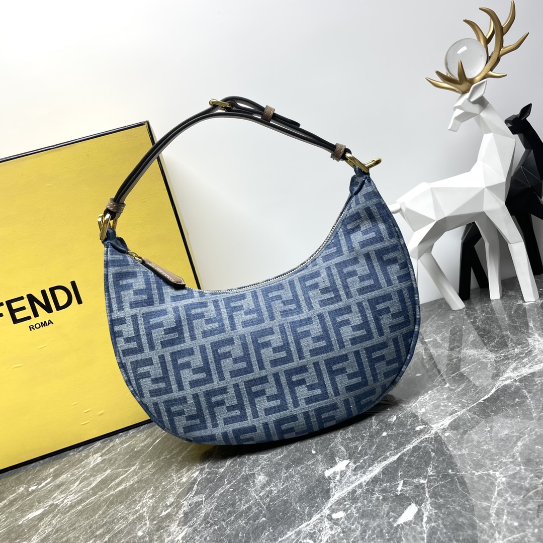 [TOP] FENDI Classic Metal Logo Fendigraphy Bag - 29x24.5x10cm - Denim Blue&GHW