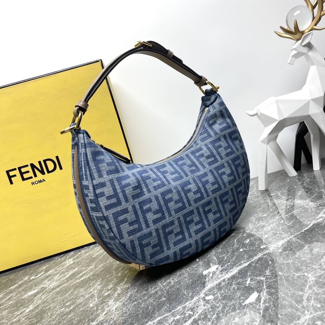 [TOP] FENDI Classic Metal Logo Fendigraphy Bag - 29x24.5x10cm - Denim Blue&GHW