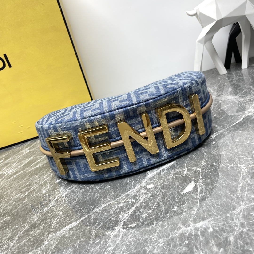 [TOP] FENDI Classic Metal Logo Fendigraphy Bag - 29x24.5x10cm - Denim Blue&GHW