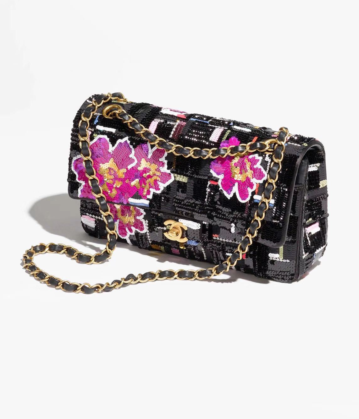 [TOP] CHANEL Flap Bag with Embroidered Satin Sequins 25cm - Black