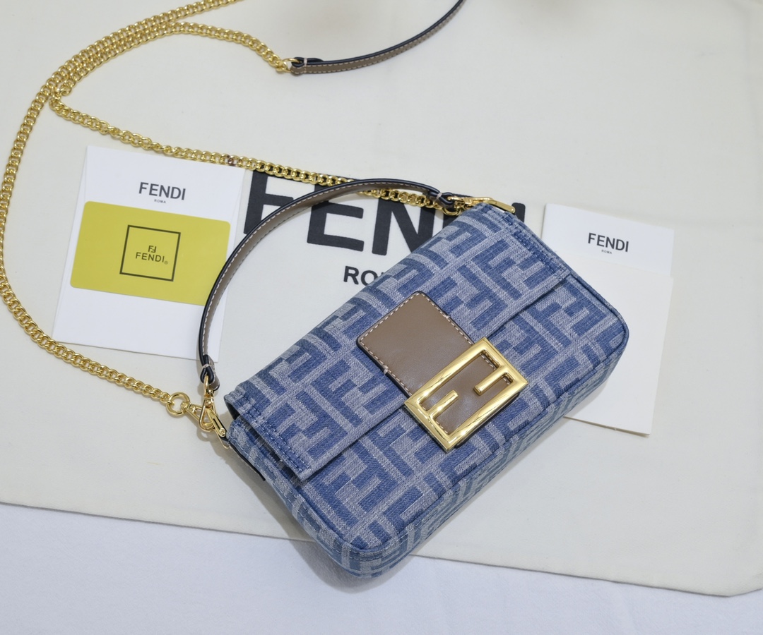 [TOP] FENDI FF Baguette Bag 19x10x4cm/26x13x6cm - Denim