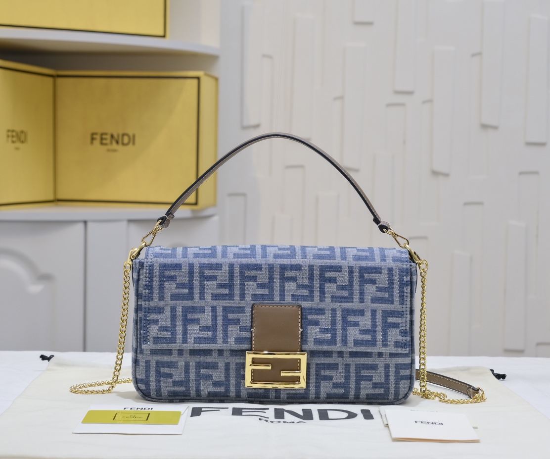 [TOP] FENDI FF Baguette Bag 19x10x4cm/26x13x6cm - Denim