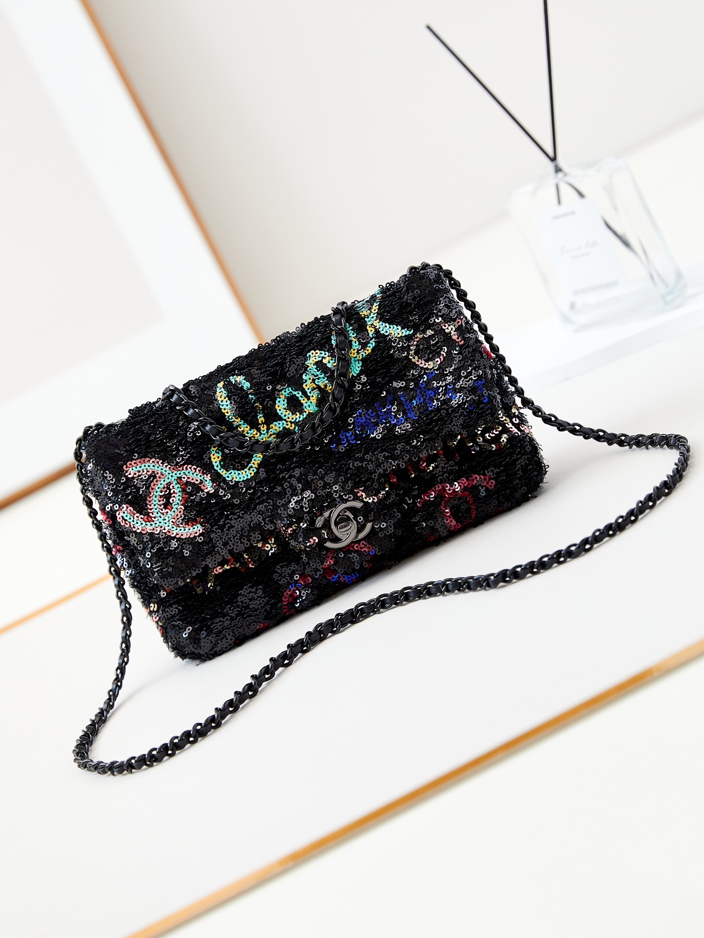 [TOP] CHANEL Flap Bag with Colorful Letter Sequins 14x21x8cm - Black