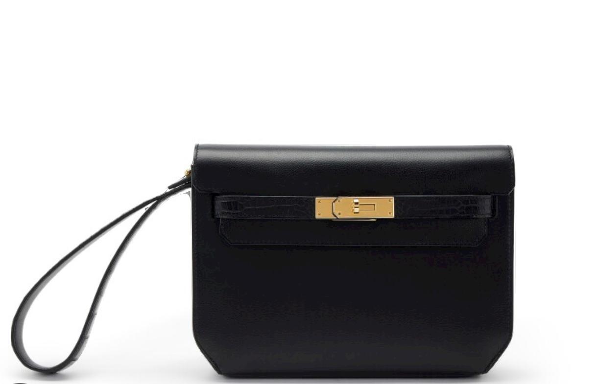 [TOP] HERMES Kelly Depeches Bag Evergrain + Crocodile Leather 25CM - Black & GHW