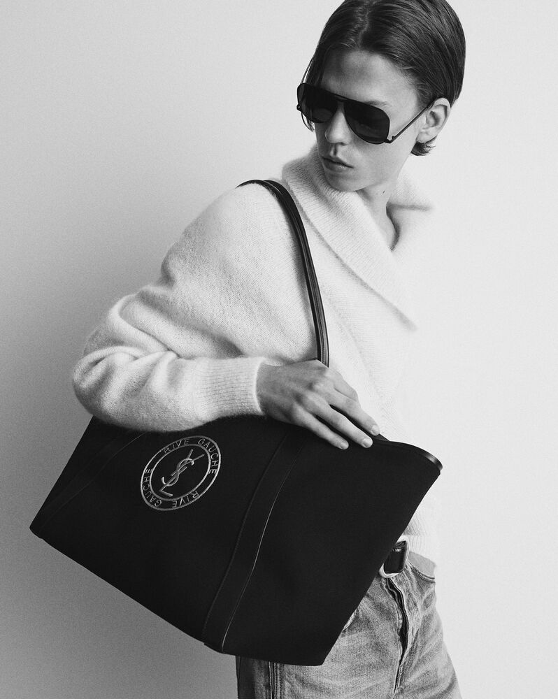 [TOP] Yves Saint Laurent YSL Rive Gauche Embroidered Cowhide Shopping Bag 40-60×30×20cm - Black