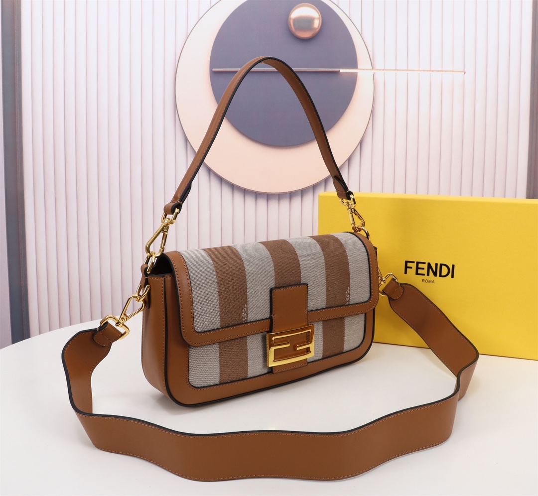 [TOP] FENDI Baguette FF Bag with Pequin Plaid Pattern 27x15x6cm - Brown