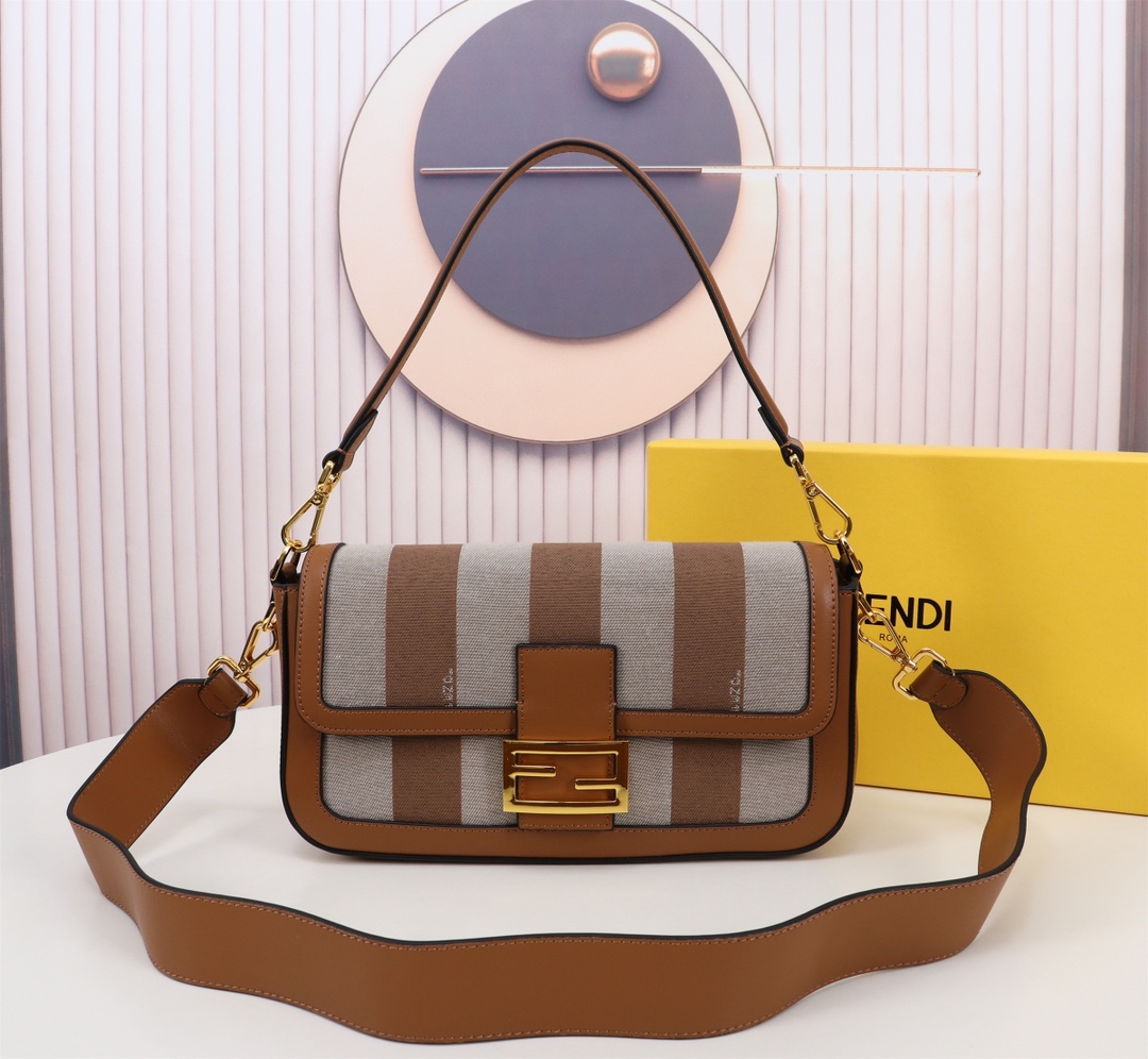 [TOP] FENDI Baguette FF Bag with Pequin Plaid Pattern 27x15x6cm - Brown